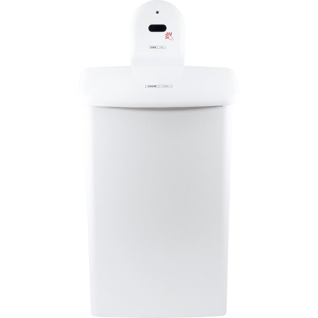 Une poubelle automatique rectangulaire blanche avec une zone de capteur et un symbole de main sur le devant supérieur, similaire au support mural CWS ParadiseLine pour la boîte hygiénique 575000 de CWS. Son couvercle est fermé et sa surface est lisse et propre.