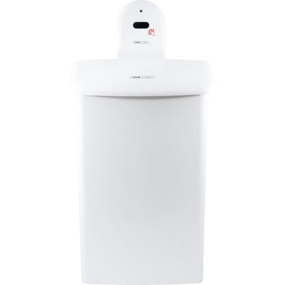 Une poubelle automatique rectangulaire blanche avec une zone de capteur et un symbole de main sur le devant supérieur, similaire au support mural CWS ParadiseLine pour la boîte hygiénique 575000 de CWS. Son couvercle est fermé et sa surface est lisse et propre.