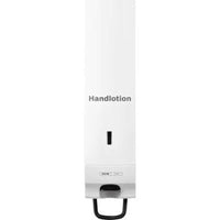 La façade CWS pour le distributeur de mousse de savon Foam Slim est un panneau mural blanc portant l'inscription « Lotion pour les mains », qui se distingue par son design élégant, doté d'une petite fenêtre et d'un levier noir situé en bas permettant de prélever le produit.