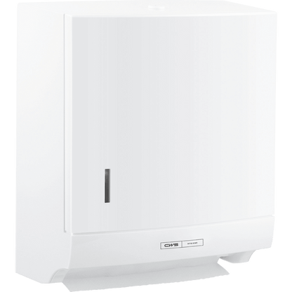 Der CWS ParadiseLine Faltpapierhandtuchspender Paper Slim in Weiß mit Druckknopf bietet hygienische, wandmontierte Papierentnahme und besitzt ein schlankes Design sowie ein Panel zur Füllstandskontrolle.