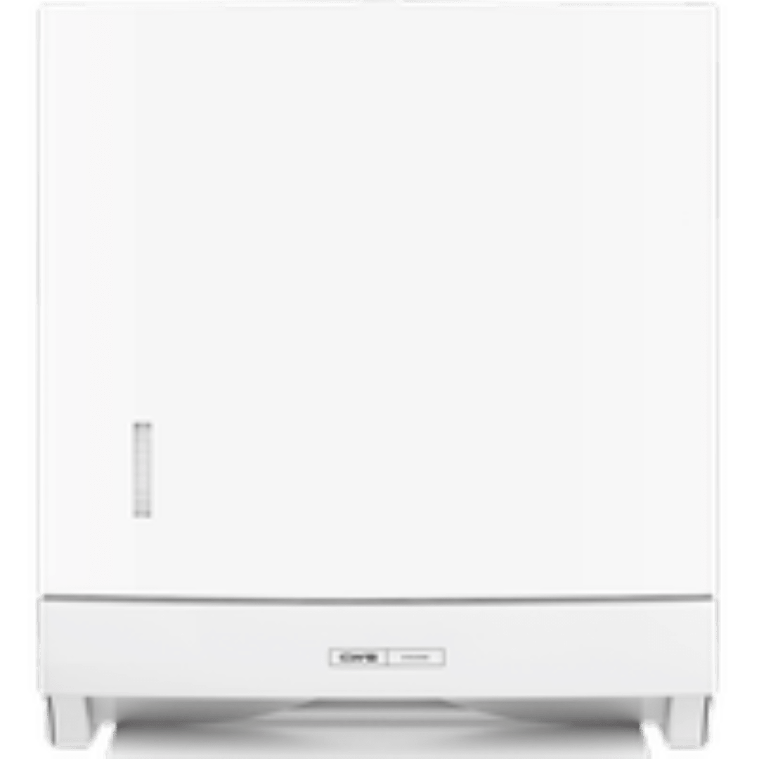 Frontansicht des CWS ParadiseLine Faltpapierhandtuchspenders Paper Slim in Weiß mit modernem Design, einem kleinen vertikalen Griff auf der linken Seite, einem Bedienfeld mit Druckknopf in der unteren Mitte und dem Fokus auf hygienische Bedienung.