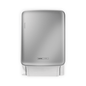 Der CWS PureLine Dry von CWS ist ein silberner, wandmontierter Spender mit einem kleinen Logo in der Nähe des Sockels. Er spendet einzelne Blätter weißer Papierhandtücher und fördert die Hygiene durch sein schlichtes, nachhaltiges Design vor einem schlichten Hintergrund.