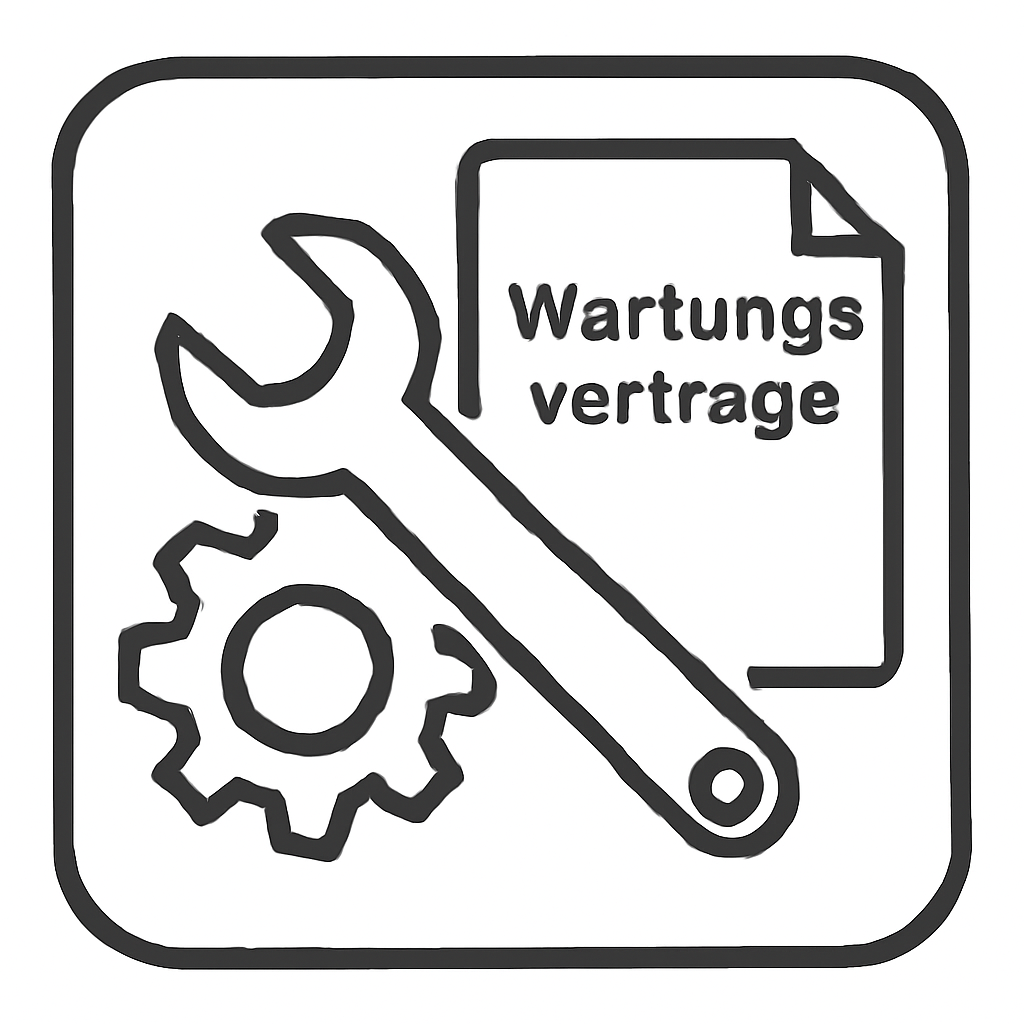 Schwarz-weißes Icon mit Schraubenschlüssel und Zahnrad vor einem "Wartungsverträge" Dokument, das den TASKI Ultimaxx 900 Full Service Li-Ion Wartungsvertrag von Diversey Deutschland GmbH & Co. OHG, inkl. Reparaturen, Ersatzteile & Li-Ion Batterien; abgerundeter quadratischer Rand.