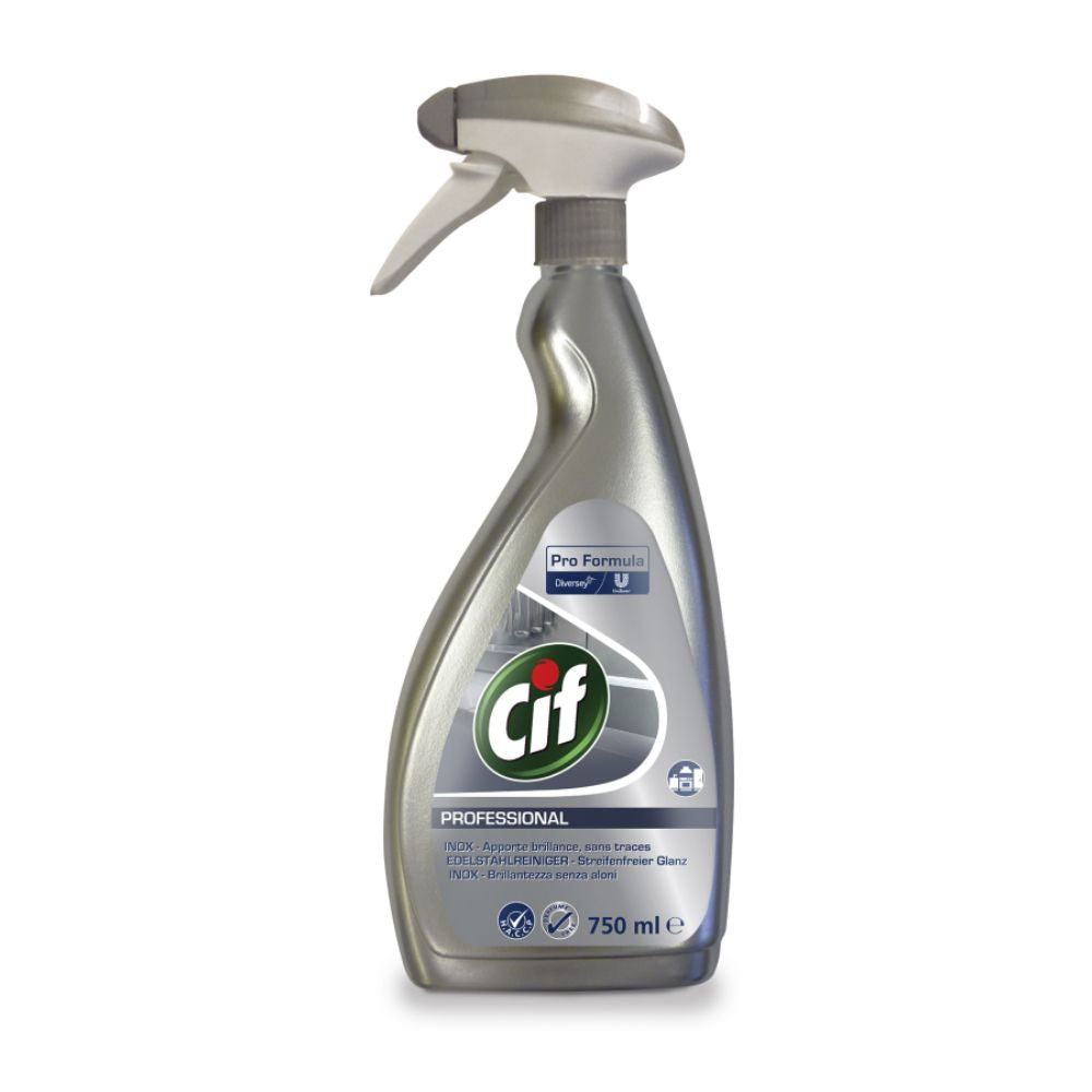 Une bouteille pulvérisateur de 750 ml avec nettoyant pour acier inoxydable Cif Professional, conçue pour nettoyer et protéger les surfaces en acier inoxydable, présente un design élégant gris et blanc. L'étiquette affiche clairement le logo Cif avec « Pro Formula » de Diversey Deutschland GmbH & Co. OHG. Avec une buse de pulvérisation, elle est idéale pour les applications professionnelles.
