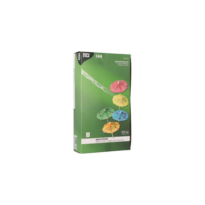 Eine grüne Verpackung mit der Aufschrift „PAPSTAR Deko-Picker 10 cm farbig sortiert | Papptray (144 Stück)“ enthält Cocktailschirmchen, sogenannte Eisschirmchen, in leuchtenden Rot-, Grün-, Gelb- und Blautönen. In der Beschreibung wird betont, dass diese biologisch abbaubaren Deko-Picker FSC®-zertifiziert sind.