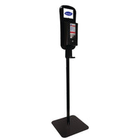 Une colonne noire réglable en hauteur, fabriquée par Diversey Deutschland GmbH & Co. OHG, destinée aux distributeurs hybrides dotés d'un socle rectangulaire, d'une pédale et d'un réservoir CleanPro placé en haut.