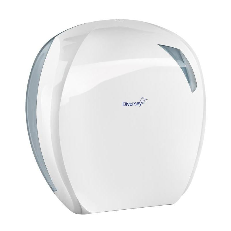 Le distributeur de rouleaux jumbo de papier toilette Mini de Diversey Deutschland GmbH & Co. OHG en plastique blanc/transparent (296x277x135 mm) est idéal pour les toilettes publiques et convient aux rouleaux de papier toilette jumbo Mini, par exemple 7518251.