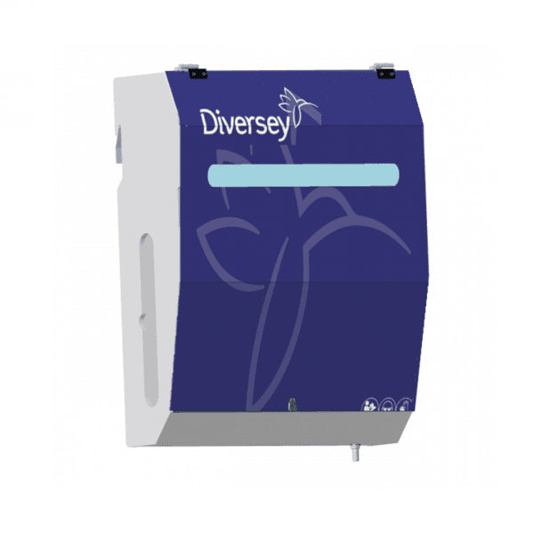 L'unité supplémentaire de pompe DF10M (IoC) 3 de Diversey Deutschland GmbH & Co. OHG est un distributeur mural bleu et blanc avec une fenêtre d'affichage et un système de dosage, idéal pour les blanchisseries et combinable avec D1229932 pour jusqu'à 3 produits.