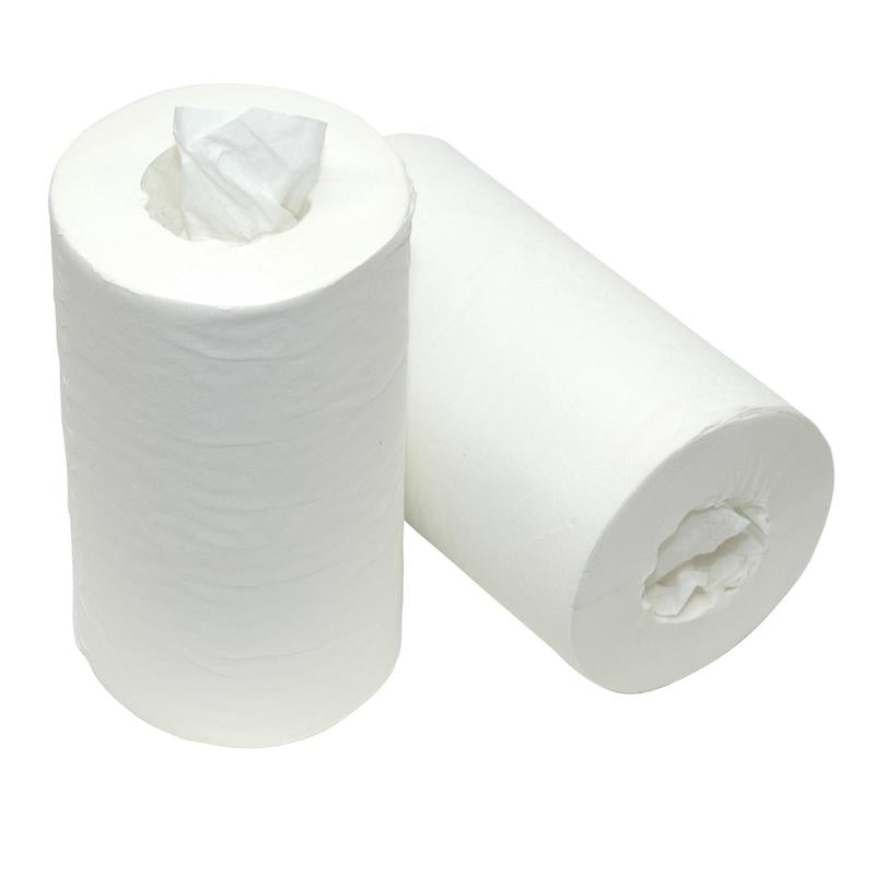 Deux rouleaux de chiffon mini 1 pli blanc (20 cm x 150 m) de Diversey Deutschland GmbH & Co. OHG sont illustrés sur fond blanc - un debout avec une feuille, un couché - idéal pour un nettoyage efficace.