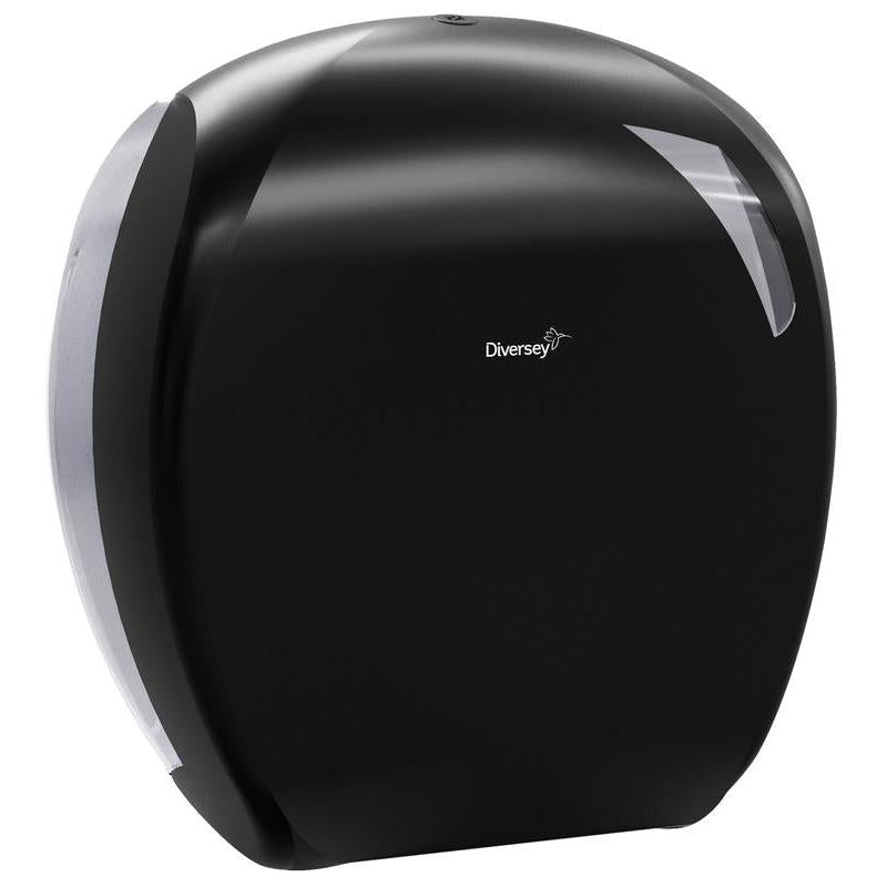 Le distributeur de rouleaux jumbo de papier toilette Maxi de Diversey Deutschland GmbH & Co. OHG est un distributeur noir avec un côté droit transparent et un logo au centre - idéal pour les zones sanitaires commerciales. Illustré sur fond blanc.