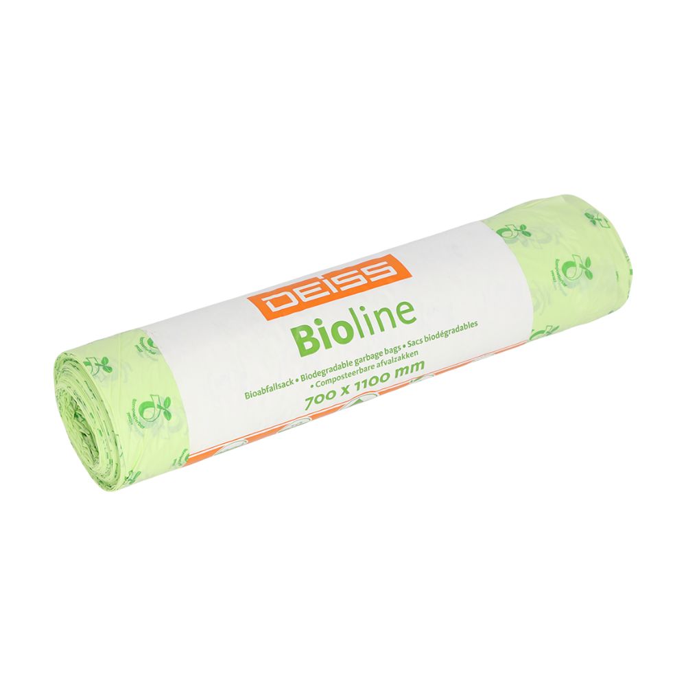 Un rouleau de sacs à déchets biodégradables verts DEISS de 120 litres, portant l'inscription «EMIL DEISS KG (GmbH + Co.)», avec des dimensions de 700 x 1100 mm. Sur l'emballage, l'inscription «biodégradable» est clairement visible en plusieurs langues.