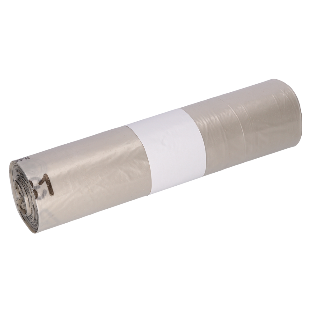 Ein gerolltes Set transparenter DEISS 29720 Müllbeutel von EMIL DEISS KG (GmbH + Co.), umwickelt mit einer weißen Banderole, ideal für die effiziente Abfallbewirtschaftung.