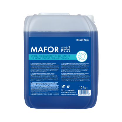 Ein 10 kg-Gebinde Dr. Schnell MAFOR smart ECO von DR.SCHNELL GmbH & Co. KGaA, einem blauen, sauren, umweltfreundlichen Klarspüler für gewerbliche Geschirrspüler, mit Produktangaben und Anweisungen auf einem blauen Etikett.