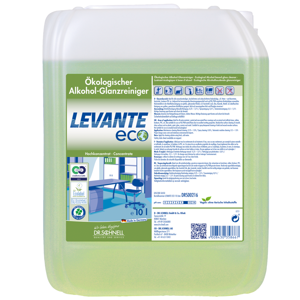 Ein 10-Liter-Transluzenzbehälter von Dr. Schnell LEVANTE ECO der DR.SCHNELL GmbH & Co. KGaA zeigt die grüne Flüssigkeit im Inneren. Das deutschsprachige Etikett zeigt Produktinfos und Bilder eines sauberen Büros und weist auf die umweltfreundliche Anwendung hin.