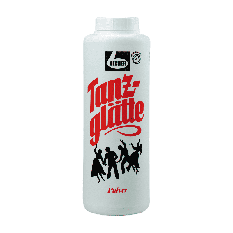 Eine weiße Flasche Dr. Becher Tanzglätte Pulver (750g) der Dr. Becher GmbH, mit roter und schwarzer Beschriftung mit tanzenden Silhouetten. Ideal für die Behandlung von Tanzboden oder Parkettböden; mit weißem Verschluss und Zertifizierungslogos im oberen Bereich.