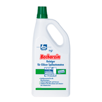 Une bouteille de «Dr. Becher « GmbH Becharein Nettoyant pour lave-verres automatiques », un nettoyant spécial pour lave-verres, avec un étiquetage en allemand, un bouchon vert et une étiquette sur laquelle figure un