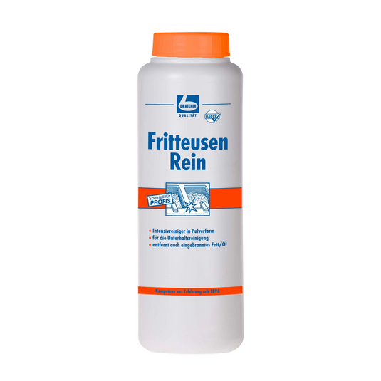 Une bouteille en plastique blanche avec un bouchon orange portant l'inscription « Dr. Becher Fritteusen Rei, Poudre » de Dr. Becher GmbH avec un graphisme bleu-orange en tant que nettoyant intensif professionnel en poudre pour friteuses pour éliminer les graisses incrustées.