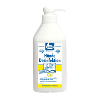 Un flacon de gel désinfectant pour les mains avec distributeur de Dr. Becher Flacon à pompe. L'étiquette est principalement bleue et jaune et comporte du texte et des illustrations indiquant qu'il est destiné à l'hygiène des mains en milieu professionnel.