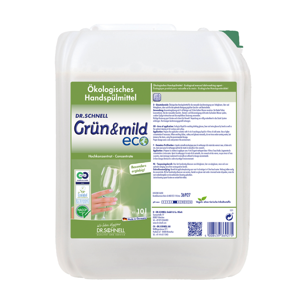 Ein weißer Behälter mit der Aufschrift „Dr. Schnell GRÜN & MILD ECO ergiebiges ökologisches Handspülmittel“ der DR.SCHNELL GmbH & Co. KGaA zeigt Produktdetails, Zertifizierungen wie die HACCP-Bescheinigung und eine Weinglasgrafik. Dieser hautmildes Spülmittelbehälter fasst 10 Liter Flüssigkeit.