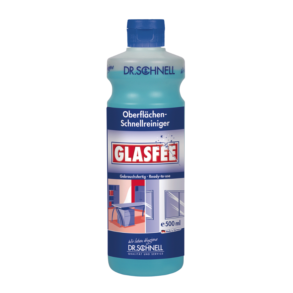 Abgebildet ist eine 500 ml Flasche Dr. Schnell GlasFee Glasreiniger der DR.SCHNELL GmbH & Co. KGaA. Die blaue Verpackung ist mit einem Etikett versehen, das eine Oberflächenreinigungsanleitung in Deutsch und Englisch enthält, mit Abbildungen der zu reinigenden Oberflächen verziert und durch einen hellblauen Verschluss abgerundet wird, der das Gesamtdesign ergänzt.