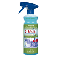 Un vaporisateur de 500 ml contenant Dr. Schnell GlasFee Eco de DR.SCHNELL GmbH & Co. KGaA garantit un nettoyage sans résidus. Le flacon vert muni d'un vaporisateur bleu, orné du logo de la marque et d'une inscription en allemand, met en avant sa fonction de nettoyant rapide écologique prêt à l'emploi pour les surfaces.