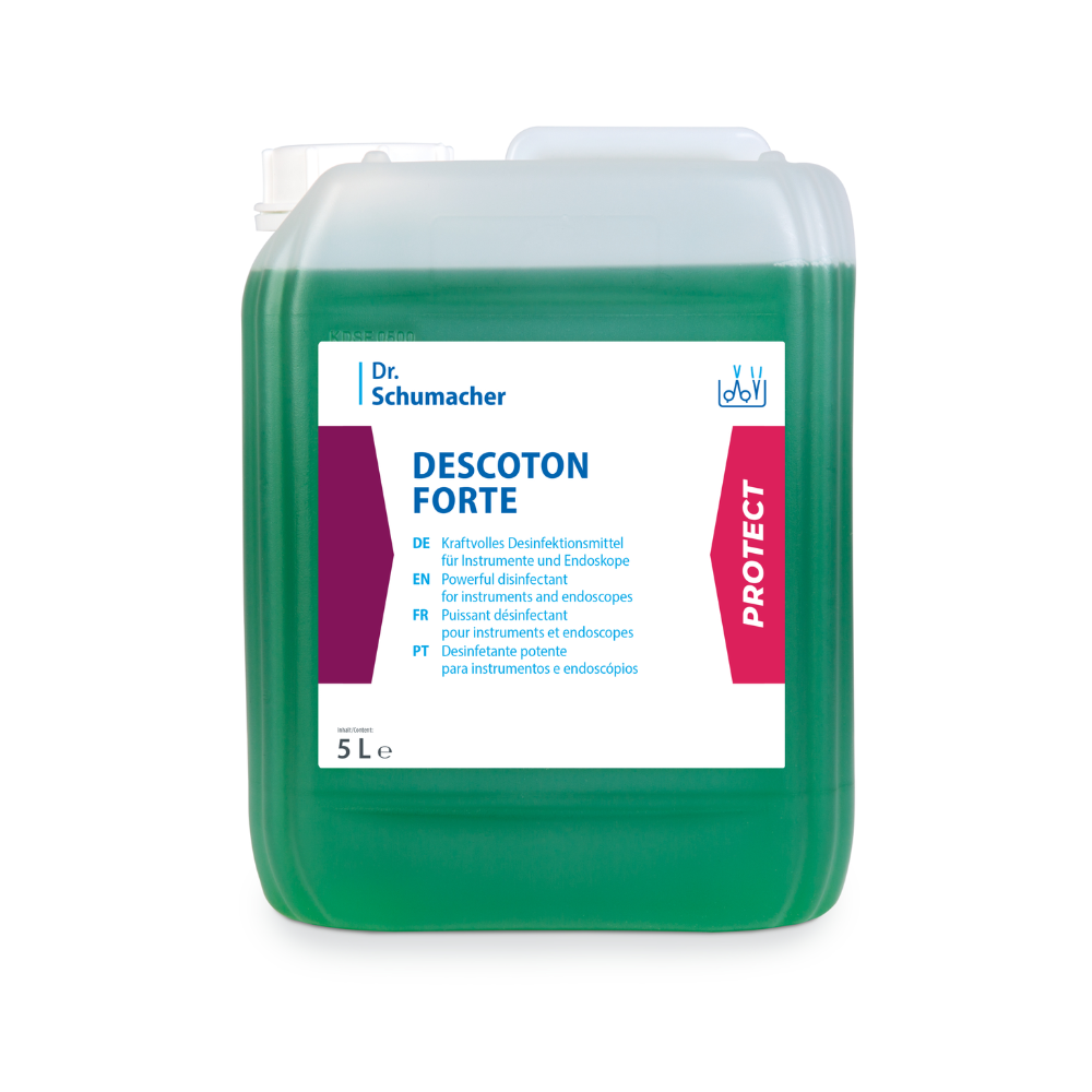 Un récipient de 5 litres en plastique transparent contenant la solution désinfectante Dr. Schumacher Descoton Forte, désinfection des instruments 5 litres | Bidon (5 l) de la Dr. Schumacher GmbH pour la désinfection des instruments médicaux et des endoscopes. L'étiquette contient du texte en plusieurs langues et présente des accents rouges et blancs. Le récipient contient un liquide vert et a un bouchon à vis blanc.