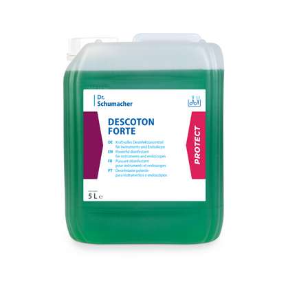 Un récipient de 5 litres en plastique transparent contenant la solution désinfectante Dr. Schumacher Descoton Forte, désinfection des instruments 5 litres | Bidon (5 l) de la Dr. Schumacher GmbH pour la désinfection des instruments médicaux et des endoscopes. L'étiquette contient du texte en plusieurs langues et présente des accents rouges et blancs. Le récipient contient un liquide vert et a un bouchon à vis blanc.