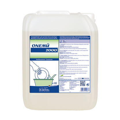 Ein großer weißer Kunststoffbehälter mit Dr. Schnell ONEMÜ 2000 Universalreiniger und Handspülmittel der DR.SCHNELL GmbH & Co. KGaA, mit blau-grünem Etikett mit Anleitung, Logo und einer Abbildung zum Abwaschen eines Tellers per Hand. Die biologisch abbaubare Formel sorgt für umweltfreundliches Reinigen.