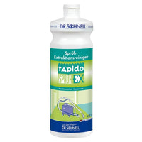 Eine 1-Liter-Flasche Dr. Schnell RAPIDO SPRÜH-EX für Teppiche und Polster von DR.SCHNELL GmbH & Co. KGaA, mit weißem Verschluss, grünem Etikett mit Gebrauchsanweisung und blauer Grafik einer Sprühextraktion-Reinigungsmaschine.