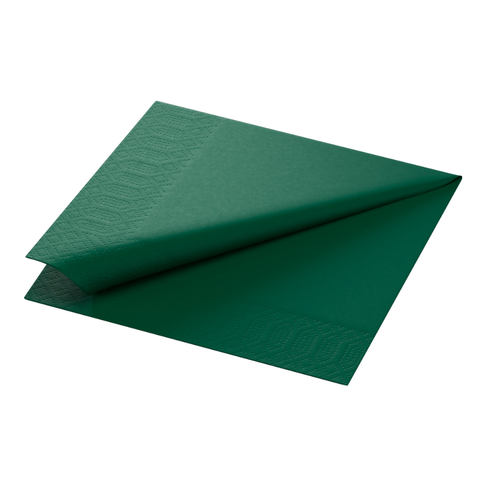 Une serviette en tissu vert foncé pliée de Duni GmbH, 33 x 33 cm 1/4 pli, 3 couches, repose sur un fond blanc. La serviette présente un motif en relief sur les bords et est entièrement compostable.