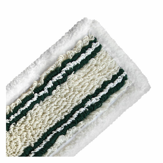 Eine Nahaufnahme des Arcora Hospital Quattro Plus Mopp Grün Außenrand Micro 40 cm von Arcora International GmbH, mit weißen strukturierten Fasern und grünen Streifen, ideal für die hygienische Reinigung im Gesundheitswesen, dargestellt auf einem schlichten weißen Hintergrund.