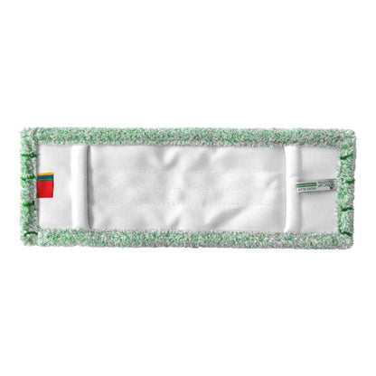 Le Arcora RUNNER GREEN DB - FC AVEC COUVERTURE d'Arcora International GmbH est une vadrouille en microfibre blanche rectangulaire avec un bord vert, une étiquette en tissu rouge sur un côté et une petite étiquette verte - parfait pour le nettoyage intérieur.