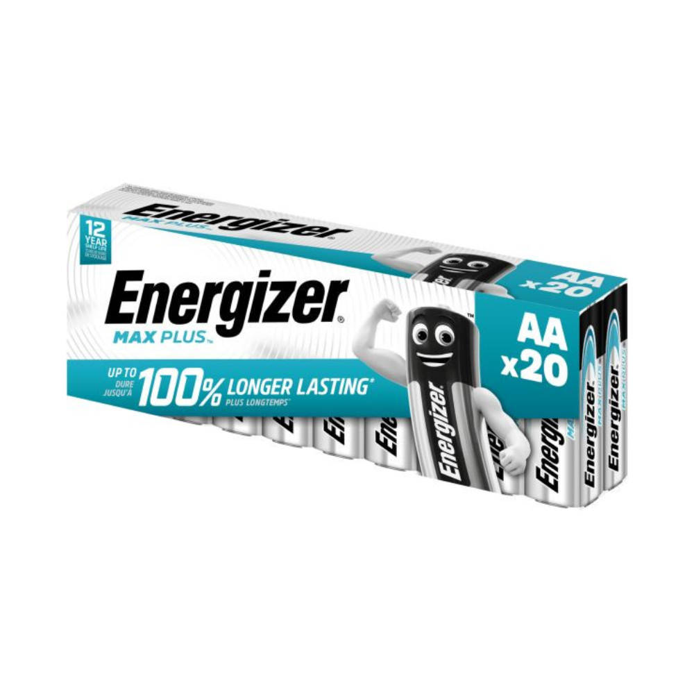 L'image montre un pack de 20 piles Energizer Max Plus Mignon AA d'Energizer Deutschland GmbH. L'emballage vante une « durée de vie 100 % plus longue » et une durée de conservation de 12 ans. Le nom de la marque « Energizer Max Plus » est affiché en évidence, accompagné de l'image d'une figurine de pile avec des bras, soulignant la longue durée de vie et la fiabilité de la pile.