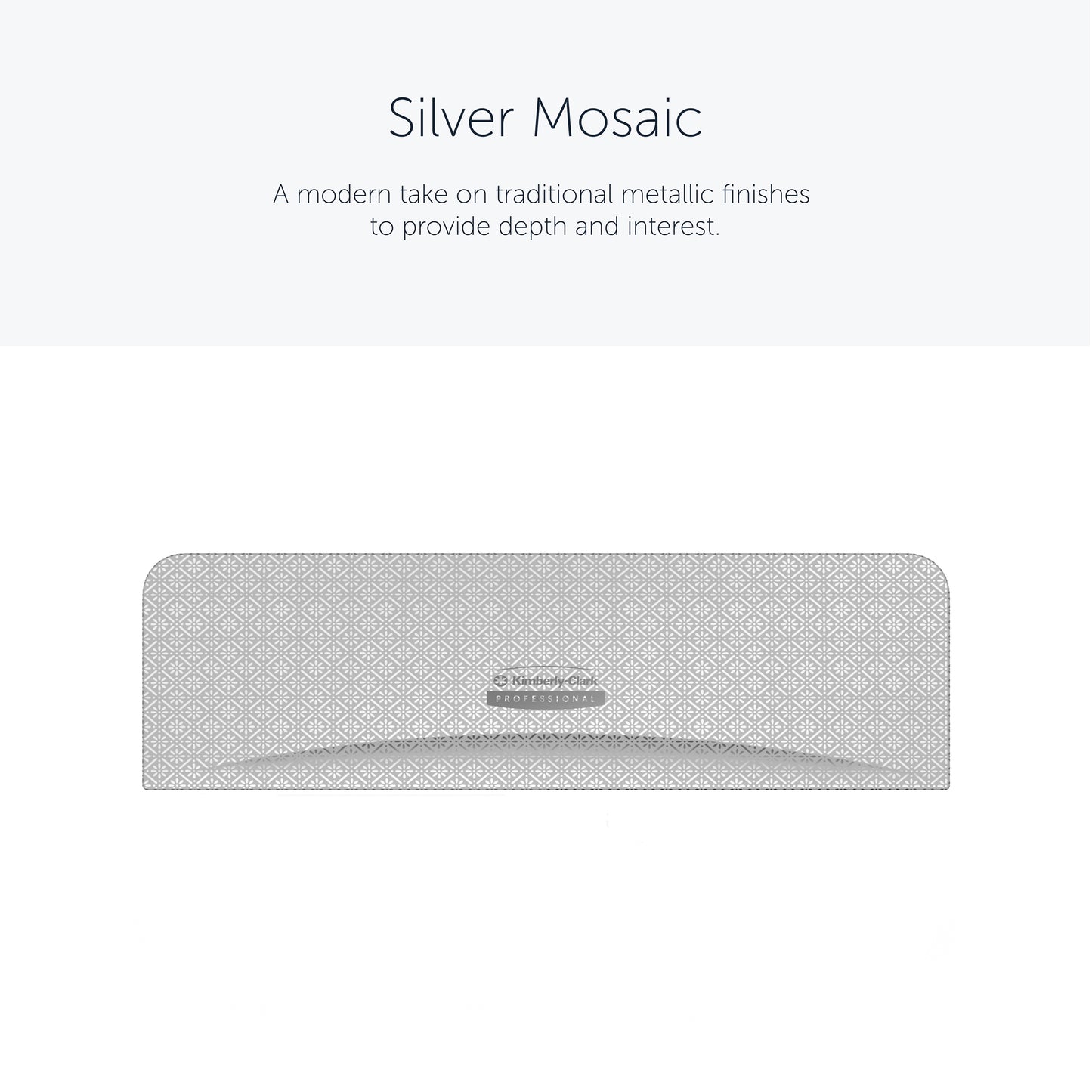 Das rechteckige Muster "Silver Mosaic" zeigt ein hellsilbernes geometrisches Muster, das von der Kimberly-Clark Professional™ Icon™ Dispenser Faceplate - SRBH (32,39 x 10,80 x 3,18 cm) der Kimberly-Clark GmbH inspiriert ist, auf einem einfarbig weißen Hintergrund mit Text darüber.