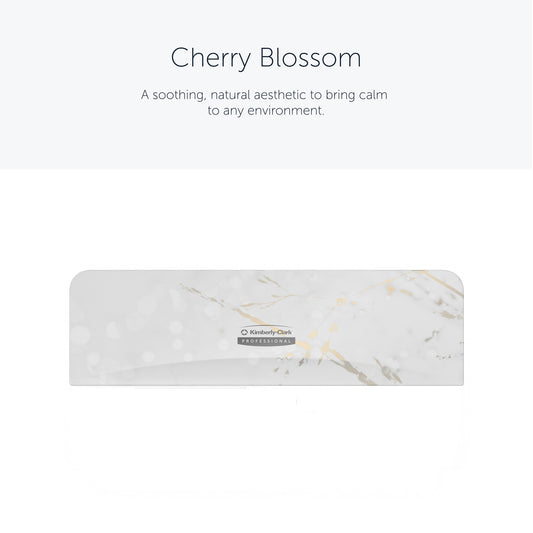 Die Kimberly-Clark Professional™ Icon™ Dispenser Faceplate - SRBH (32,39 cm x 10,80 cm x 3,18 cm) der Kimberly-Clark GmbH zeichnet sich durch ein weißes und hellgraues Marmormuster, ein zentrales Icon™-Etikett und "Cherry Blossom"-Akzente für einen beruhigenden Look aus.