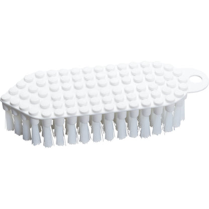 La Haug Bürsten KG FLEXO-BROSSE, PBT ø 0,35MM MOYEN (190x70x25 mm) est une brosse de nettoyage blanche avec des poils rigides en PBT et un manche en plastique texturé et pointillé avec un trou de suspension pratique. Illustré sur fond blanc.