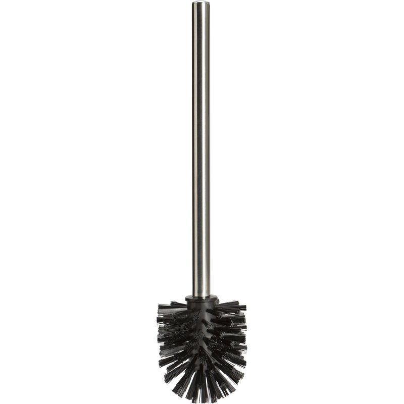 Der WC-RUNDBÜRSTE MIT EDELSTAHL-GRIFF,SCHWARZ,ø0,40MM MITTEL von Haug Bürsten KG verfügt über einen langen Edelstahlgriff und dichte runde Borsten - ideal für Ihr Badezimmer. Abgebildet vor einem schlichten weißen Hintergrund.