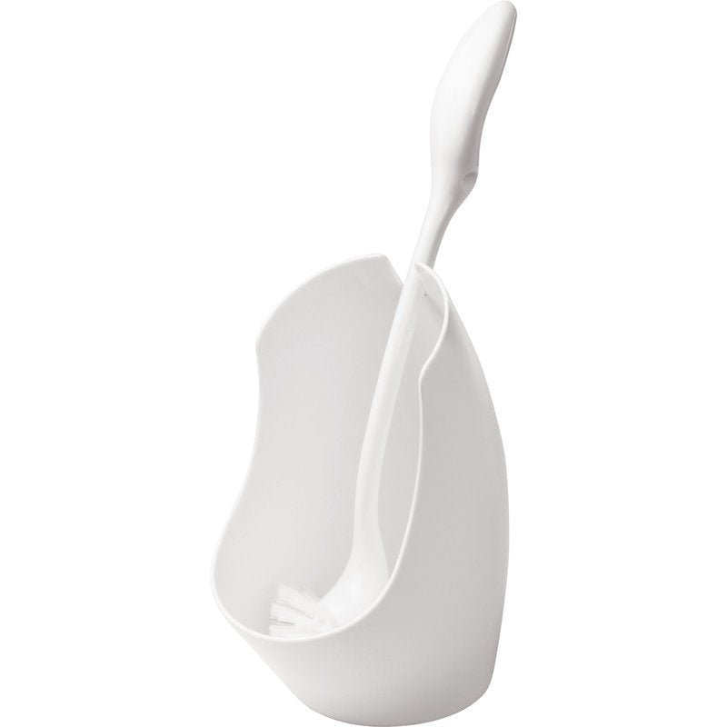 La GARNITURE WC MODERN, AVEC BROSSE RONDE #6420 de Haug Bürsten KG est une garniture en plastique blanc au design moderne avec un support assorti et une brosse ronde debout - un accessoire simple et pratique pour votre salle de bain.