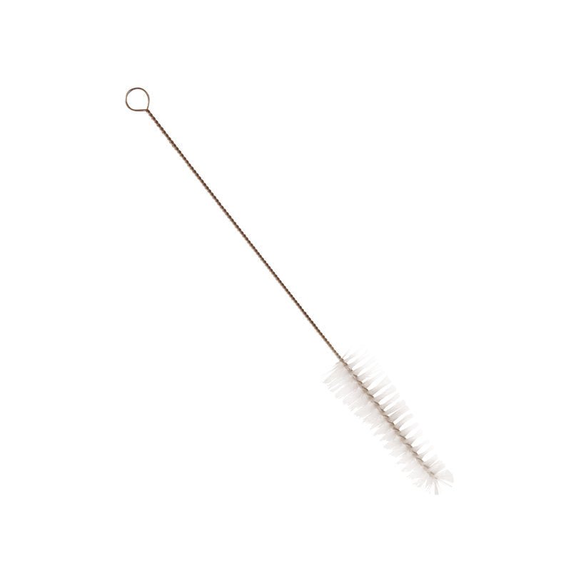 Die REAGENZGLASBÜRSTE, PBT TRANSPAR ø 0,20MM WEICH 300Xø 35/25MM von Haug Bürsten KG hat weiche weiße PBT-Borsten und einen gedrehten Drahtgriff mit Schlaufe - ideal für die Reinigung im Labor. Die Bürste ist isoliert auf weißem Hintergrund abgebildet.