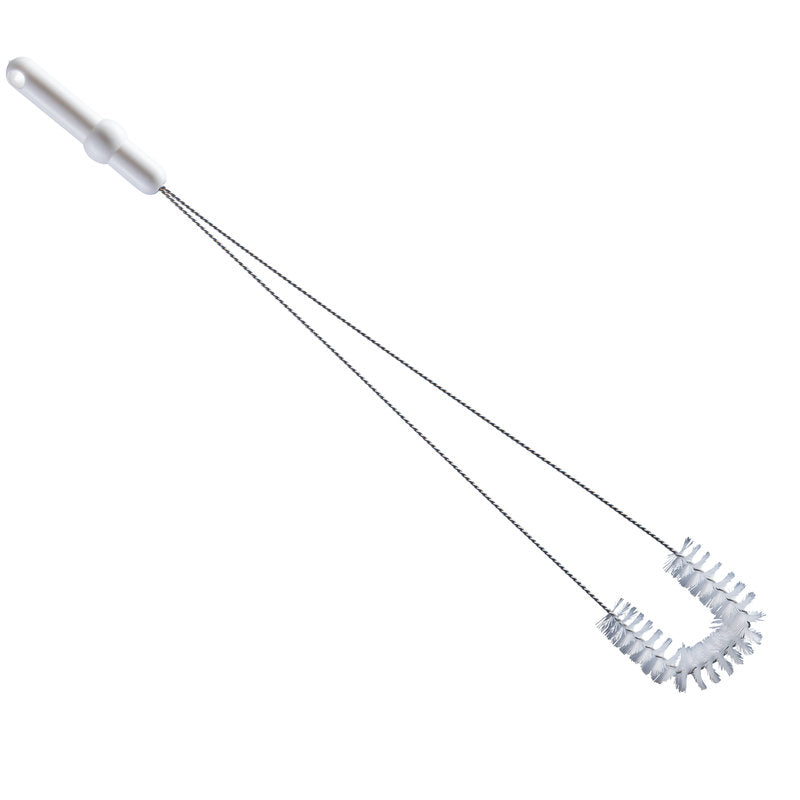 La Haug Bürsten KG BROSSE À TUBE, FORME EN U, avec des poils en PBT blancs (ø0,35mm), 570xø30x90mm, est conçue pour le nettoyage des surfaces doubles des bouteilles et des conteneurs.