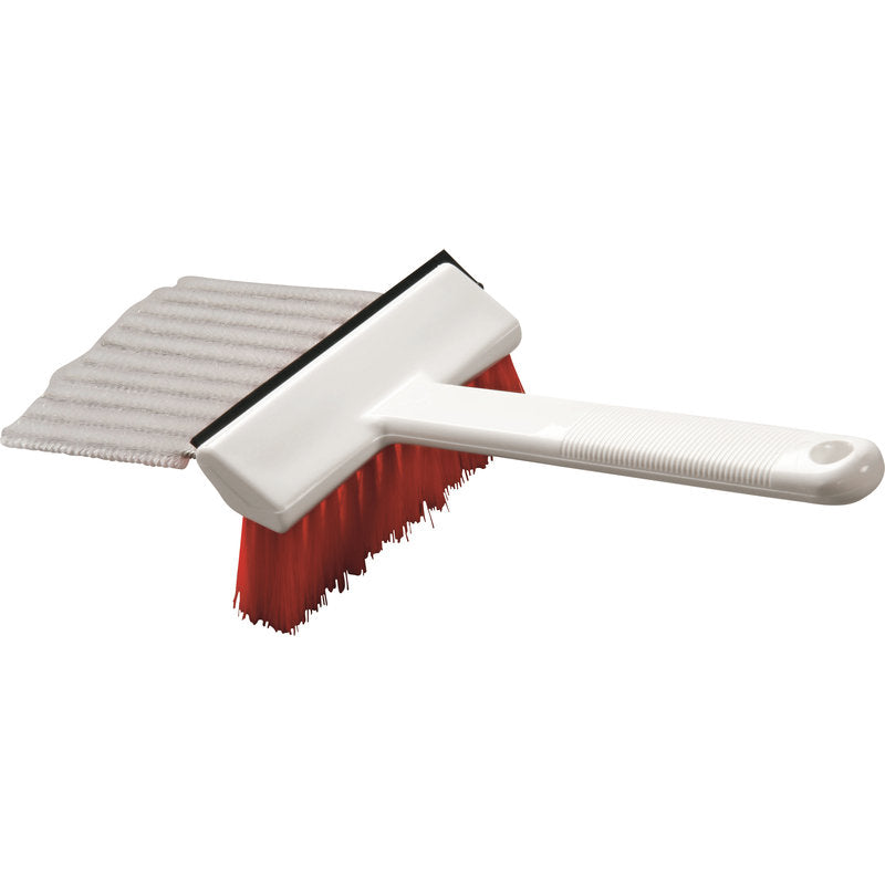 La BROSSE DE MACHINE À DÉCOUPER PBT ø0,20MM DUR/ø0,25MM SOUPLE de Haug Bürsten KG a un corps en PBT blanc, un long manche, des poils rouges et une éponge à récurer grise plate. Idéale pour les machines à découper industrielles. Illustrée sur un fond blanc simple.