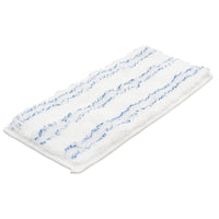 Le Haug Bürsten Le tampon PAD SOUPLE/ABRASIF, 260 x 130 mm, pour les références #8616 et #8617, est un tampon de nettoyage rectangulaire en microfibre blanche à rayures bleues, idéal pour le nettoyage et le polissage.