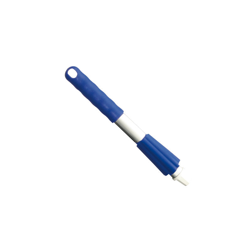 Un gros plan de la brosse de nettoyage Haug Bürsten KG KURZ-ALUSTIEL, 300MM, CAPUCHON ET ÉCROU DE SERRAGE avec manche bleu et poils blancs. Le manche est doté d'un trou pour accrocher, le tout sur un fond blanc uni.