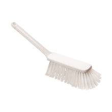 Die HANDBESEN, PBT UNGESCHLITZT, 310X40X50MM von Haug Bürsten KG ist eine weiße Kunststoffhandbürste mit langem Stiel und steifen PBT-Borsten, ideal für die Reinigung von Böden. Hier abgebildet vor einem schlichten weißen Hintergrund.