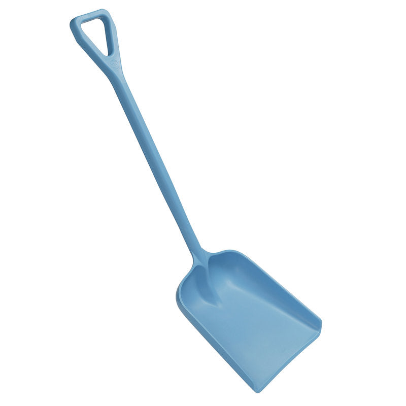 Die SCHAUFEL, GROß, EINTEILIG, PP, 400X340X1110M von Haug Bürsten KG ist eine hellblaue Kunststoffschaufel mit breitem Schaufelblatt und D-förmigem Stiel, hergestellt aus strapazierfähigem PP-Material und auf weißem Hintergrund.