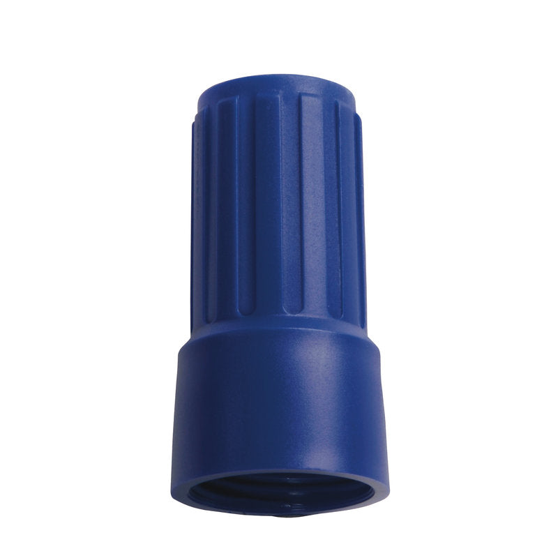 Blauer Drahtverbinder aus Kunststoff mit gerippter Oberseite und glatter Unterseite zum Verdrillen elektrischer Drähte, kompatibel mit dem ÜBERWURFMUTTER FÜR ADAPTER E1100019 der Haug Bürsten KG für sichere Verbindungen.
