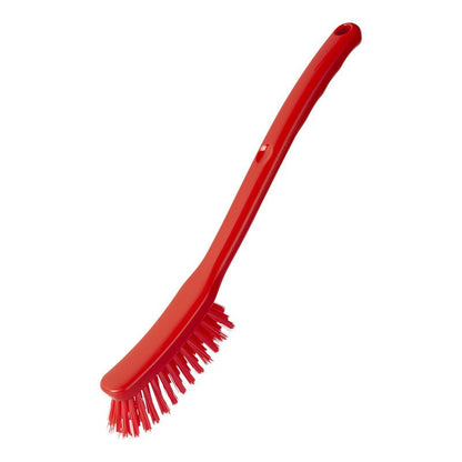 La Haug Bürsten KG BROSSE UNIVERSELLE, ÉTROITE, ø 0,35MM, 295x25x23MM est une brosse en plastique rouge avec un long manche et des poils inclinés pour un nettoyage efficace, illustrée sur fond blanc.