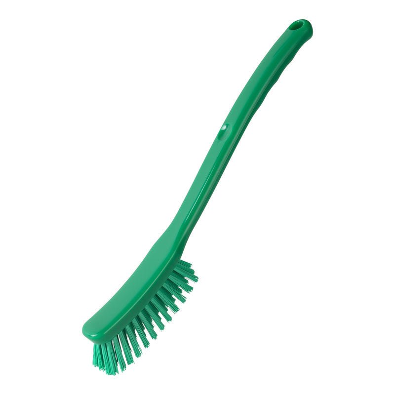 La Haug Bürsten KG BROSSE UNIVERSELLE, ÉTROITE (ø 0,35mm, 295x25x23mm), une brosse verte avec un long manche et des poils inclinés pour un nettoyage efficace, est illustrée sur fond blanc.