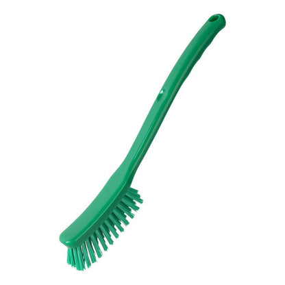 La Haug Bürsten KG BROSSE UNIVERSELLE, ÉTROITE (ø 0,35mm, 295x25x23mm), une brosse verte avec un long manche et des poils inclinés pour un nettoyage efficace, est illustrée sur fond blanc.