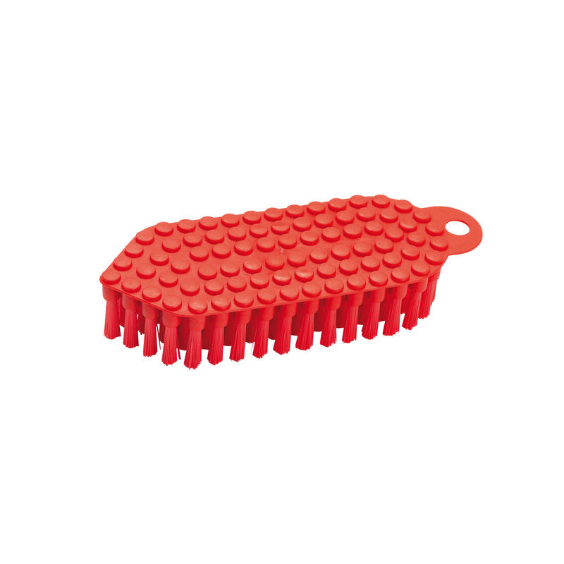 Une Haug Bürsten KG FLEXO-BROSSE rouge, PBT ø 0,35MM MOYEN (190x70x25 mm) brosse de nettoyage avec des poils rigides et un manche avec un motif de points texturé et surélevé sur le dessus ainsi qu'un trou pour la suspendre.